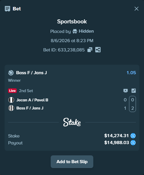 Bet slip: Jecan A / Pavel B - Bass F / Jans J, $14,274.31 stake at 1.05 odds, placed by Hidden