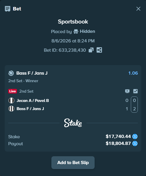 Bet slip: Jecan A / Pavel B - Bass F / Jans J, $17,740.44 stake at 1.06 odds, placed by Hidden