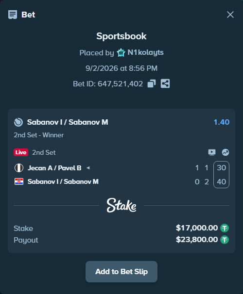 Bet slip: Jecan A / Pavel B - Sabanov I / Sabanov M, $17,000.00 stake at 1.40 odds, placed by N1kolayts