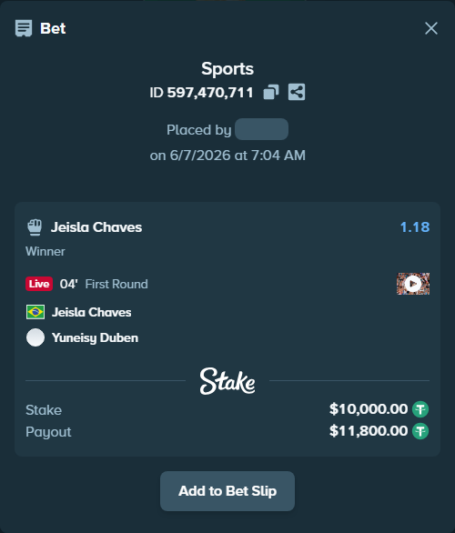 Bet slip: Jeisla Chaves - Yuneisy Duben, $10,000.00 stake at 1.18 odds, placed by klowertox32