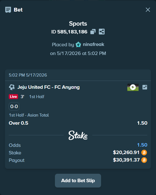 Bet slip: Jeju SK FC - FC Anyang, $16,659.24 stake at 1.50 odds, placed by ninafreak