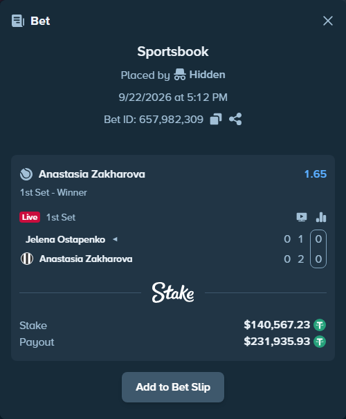 Bet slip: Jelena Ostapenko - Anastasia Zakharova, $140,567.23 stake at 1.65 odds, placed by Hidden