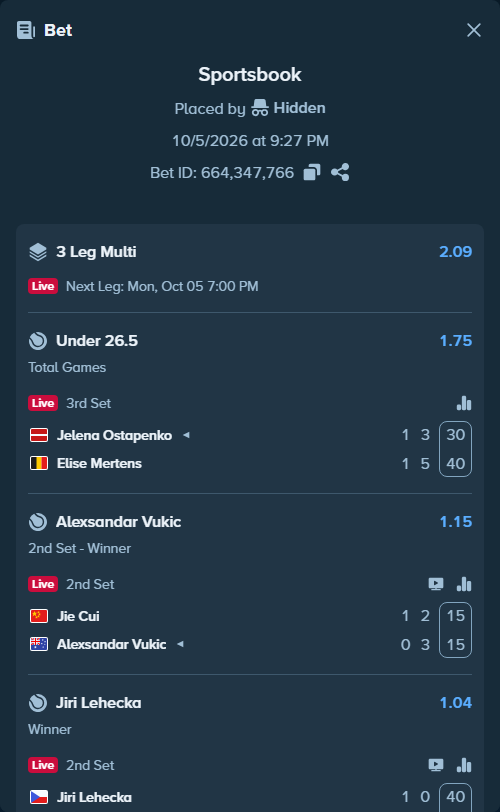 Bet slip: Jelena Ostapenko - Elise Mertens, $10,000.00 stake at 1.75 odds, placed by NoRisckNoMoney