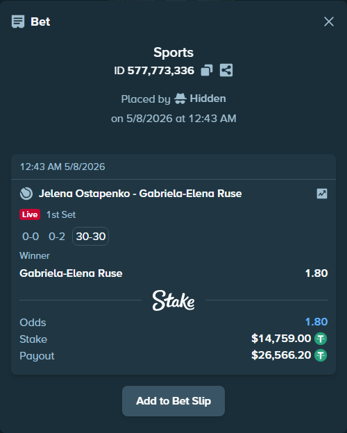 Bet slip: Jelena Ostapenko - Gabriela-Elena Ruse, $14,759.00 stake at 1.80 odds, placed by Hidden