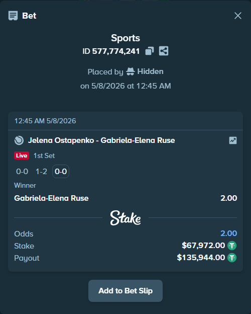 Bet slip: Jelena Ostapenko - Gabriela-Elena Ruse, $67,972.00 stake at 2.00 odds, placed by Hidden