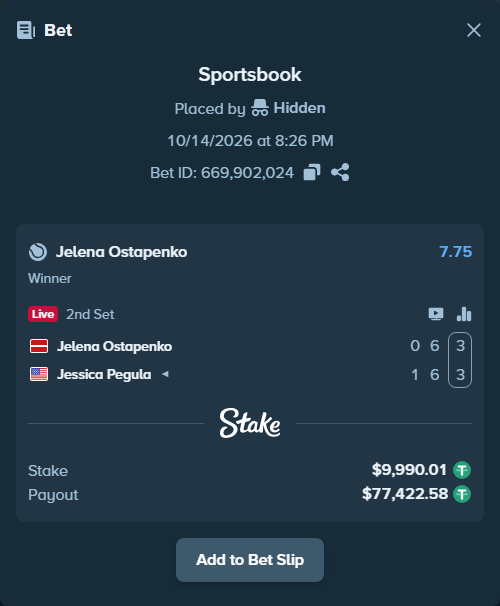 Bet slip: Jelena Ostapenko - Jessica Pegula, $10,000.00 stake at 7.75 odds, placed by Hidden