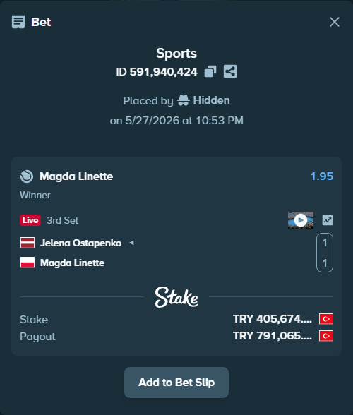 Bet slip: Jelena Ostapenko - Magda Linette, $12,170.23 stake at 1.95 odds, placed by Hidden