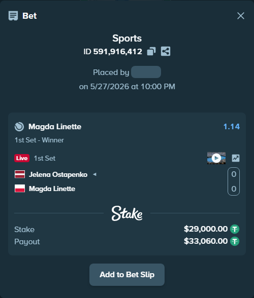 Bet slip: Jelena Ostapenko - Magda Linette, $29,029.00 stake at 1.14 odds, placed by melkim2