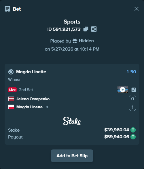 Bet slip: Jelena Ostapenko - Magda Linette, $40,000.00 stake at 1.50 odds, placed by Hidden