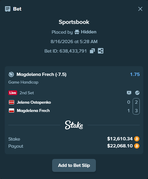 Bet slip: Jelena Ostapenko - Magdelena Frech, $12,609.00 stake at 1.75 odds, placed by Hidden
