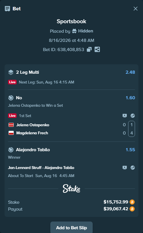 Bet slip: Jelena Ostapenko - Magdelena Frech, $15,754.25 stake at 1.60 odds, placed by Hidden