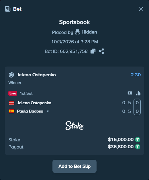 Bet slip: Jelena Ostapenko - Paula Badosa, $16,000.00 stake at 2.30 odds, placed by Hidden