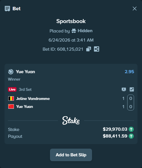 Bet slip: Jeline Vandromme - Yue Yuan, $30,000.00 stake at 2.95 odds, placed by Hidden