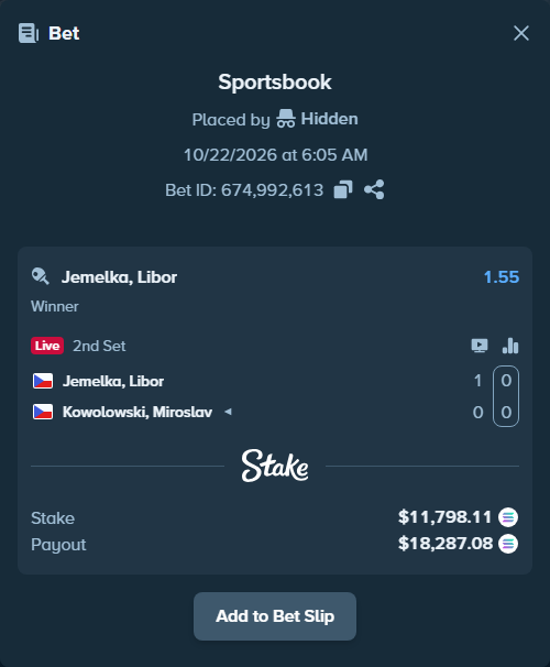 Bet slip: Jemelka, Libor - Kowolowski, Miroslav, $11,856.29 stake at 1.55 odds, placed by AustinAlgamus