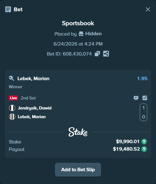 Bet slip: Jendrysik, Dawid - Lebek, Marian, $10,000.00 stake at 1.95 odds, placed by Hidden
