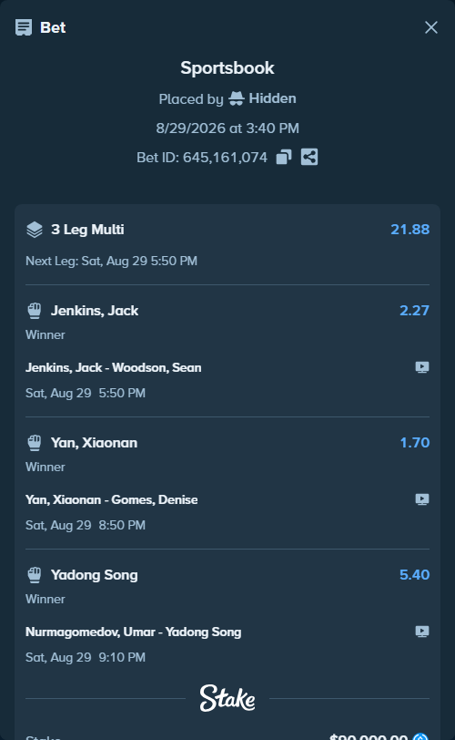 Bet slip: Jenkins, Jack - Woodson, Sean, $90,000.00 stake at 2.27 odds, placed by Hidden
