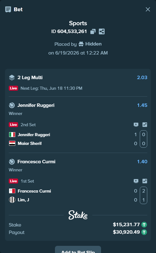 Bet slip: Jennifer Ruggeri - Maiar Sherif, $15,247.00 stake at 1.45 odds, placed by Hidden