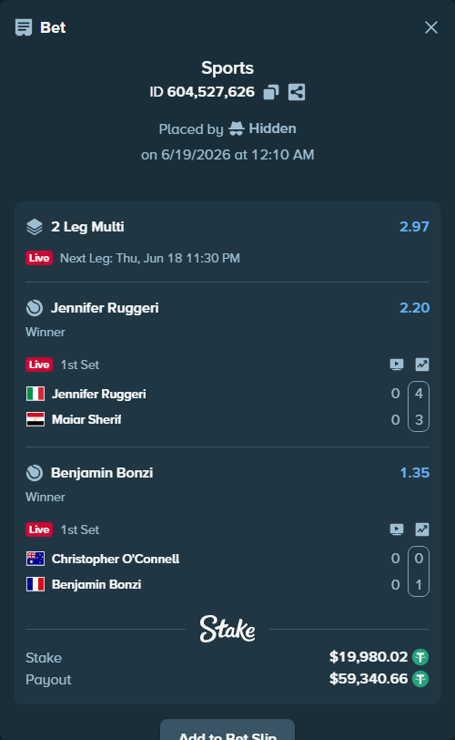 Bet slip: Jennifer Ruggeri - Maiar Sherif, $20,000.00 stake at 2.20 odds, placed by Hidden