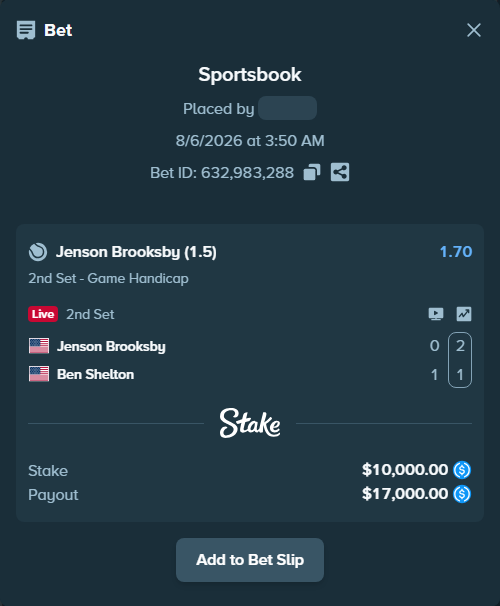 Bet slip: Jenson Brooksby - Ben Shelton, $10,000.00 stake at 1.70 odds, placed by Jan4iks
