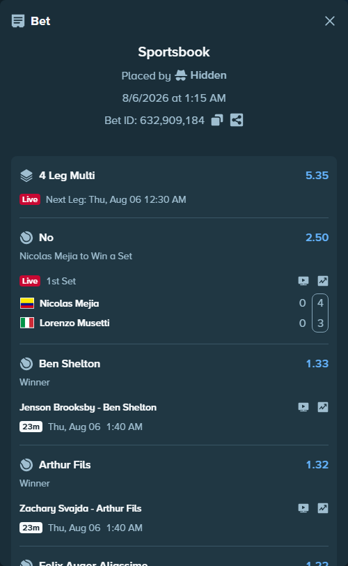Bet slip: Jenson Brooksby - Ben Shelton, $10,010.00 stake at 1.33 odds, placed by Hidden