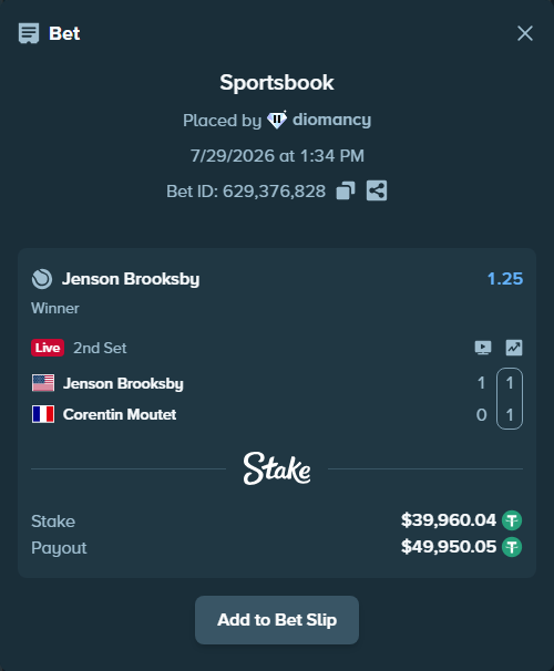 Bet slip: Jenson Brooksby - Corentin Moutet, $40,000.00 stake at 1.25 odds, placed by diomancy