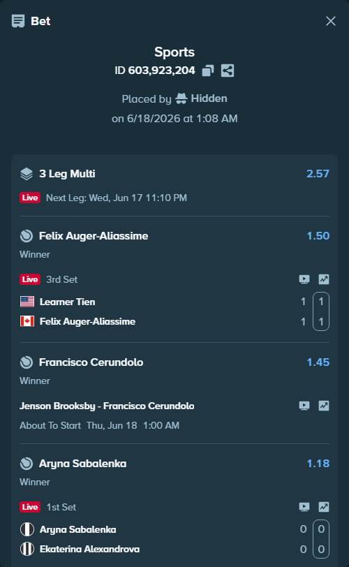 Bet slip: Jenson Brooksby - Francisco Cerundolo, $10,000.00 stake at 1.45 odds, placed by Hidden