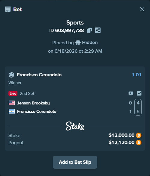 Bet slip: Jenson Brooksby - Francisco Cerundolo, $11,211.18 stake at 1.01 odds, placed by Hidden