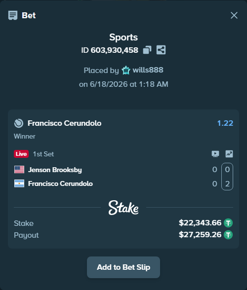 Bet slip: Jenson Brooksby - Francisco Cerundolo, $22,366.00 stake at 1.22 odds, placed by wills888