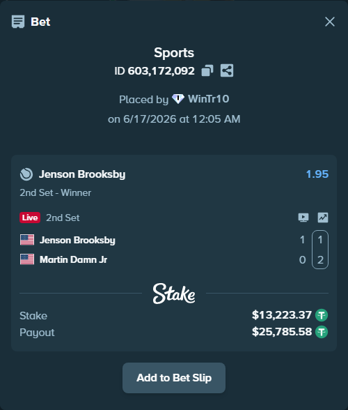 Bet slip: Jenson Brooksby - Martin Damn Jr, $13,236.60 stake at 1.95 odds, placed by WinTr10