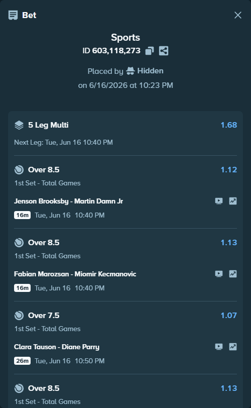 Bet slip: Jenson Brooksby - Martin Damn Jr, $35,547.81 stake at 1.12 odds, placed by Hidden