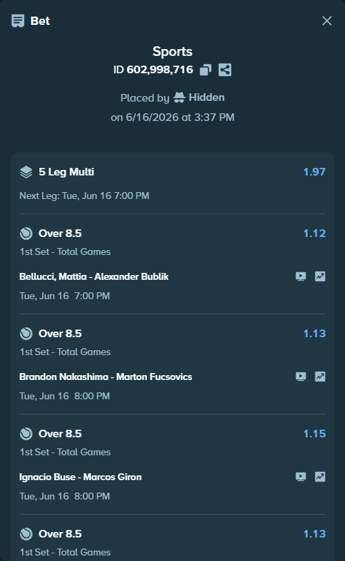 Bet slip: Jenson Brooksby - Martin Damn Jr, $75,075.00 stake at 1.13 odds, placed by Hidden