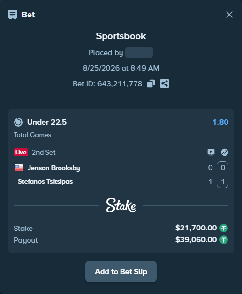 Bet slip: Jenson Brooksby - Stefanos Tsitsipas, $21,700.00 stake at 1.80 odds, placed by privetmedvet15