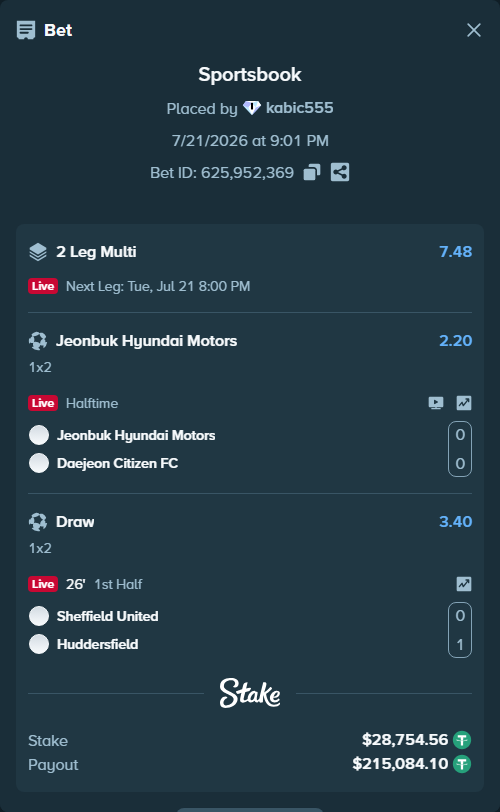 Bet slip: Jeonbuk FC - Daejeon Citizen FC, $28,783.31 stake at 2.20 odds, placed by kabic555