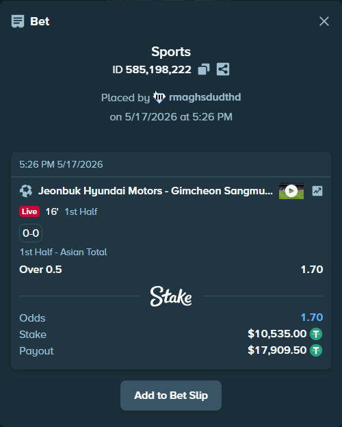Bet slip: Jeonbuk FC - Gimcheon Sangmu FC, $10,535.00 stake at 1.70 odds, placed by rmaghsdudthd