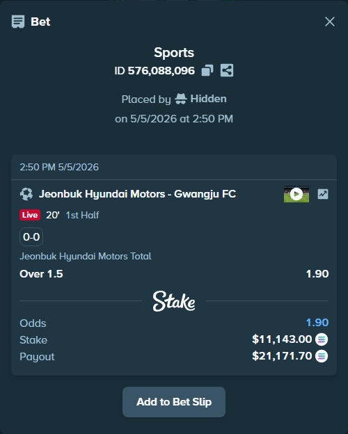Bet slip: Jeonbuk FC - Gwangju FC, $9,650.57 stake at 1.90 odds, placed by Hidden