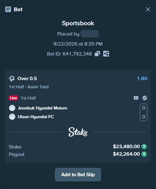 Bet slip: Jeonbuk FC - Ulsan HD FC, $23,480.00 stake at 1.80 odds, placed by tlwns4736