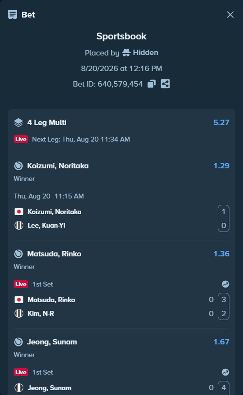 Bet slip: Jeong, Sunam - Chanta, Anchisa, $12,003.00 stake at 1.67 odds, placed by Hidden