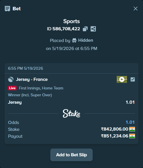 Bet slip: Jersey - France, $10,113.67 stake at 1.01 odds, placed by Hidden