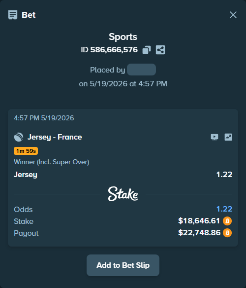 Bet slip: Jersey - France, $15,511.43 stake at 1.22 odds, placed by Hophi777