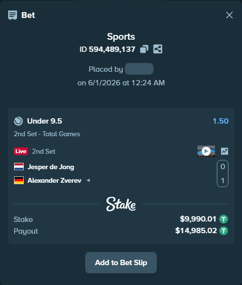 Bet slip: Jesper de Jong - Alexander Zverev, $10,000.00 stake at 1.50 odds, placed by Yarmola999