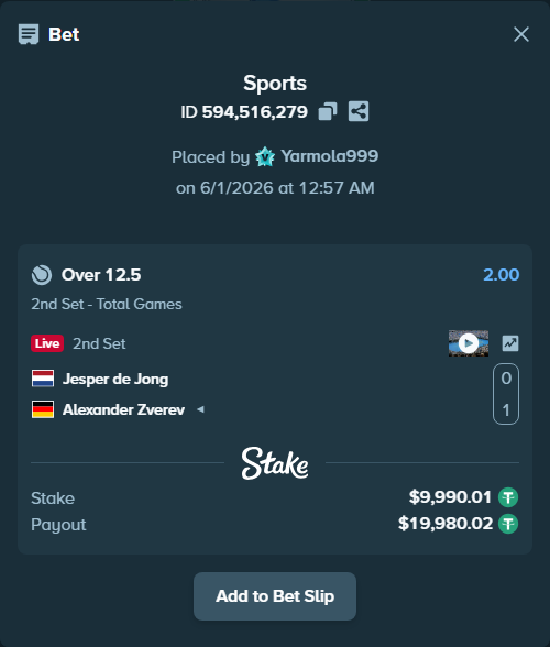Bet slip: Jesper de Jong - Alexander Zverev, $10,000.00 stake at 2.00 odds, placed by Yarmola999