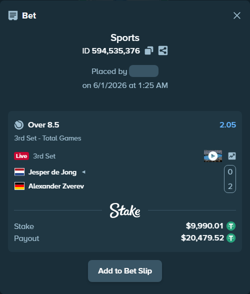 Bet slip: Jesper de Jong - Alexander Zverev, $10,000.00 stake at 2.05 odds, placed by Yarmola999