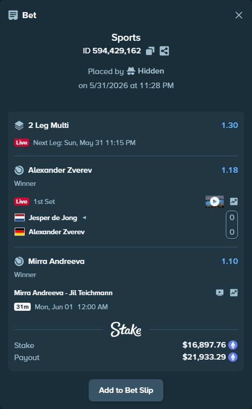 Bet slip: Jesper de Jong - Alexander Zverev, $14,506.53 stake at 1.18 odds, placed by Hidden