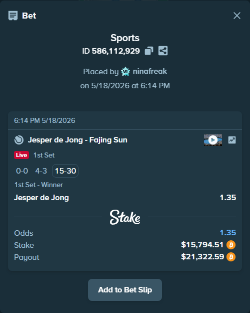 Bet slip: Jesper de Jong - Fajing Sun, $13,179.43 stake at 1.35 odds, placed by ninafreak