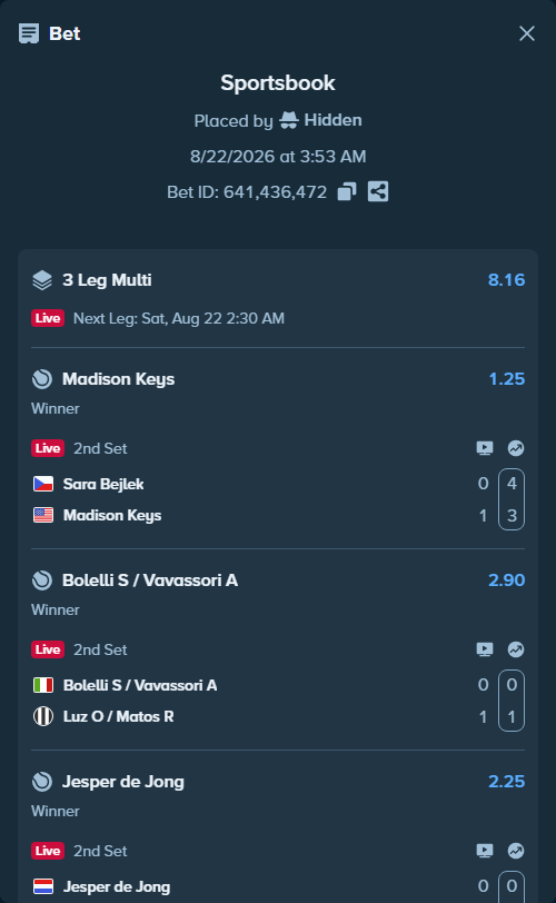 Bet slip: Jesper de Jong - Hugo Gaston, $10,000.00 stake at 2.25 odds, placed by Hidden