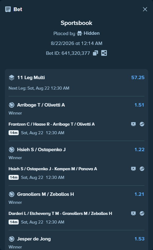 Bet slip: Jesper de Jong - Hugo Gaston, $20,000.00 stake at 1.53 odds, placed by Hidden