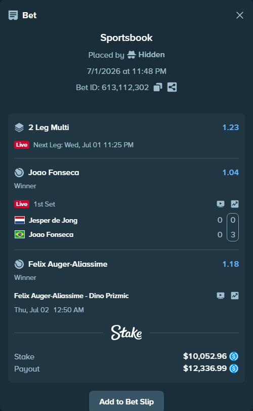 Bet slip: Jesper de Jong - Joao Fonseca, $10,052.96 stake at 1.04 odds, placed by Hidden