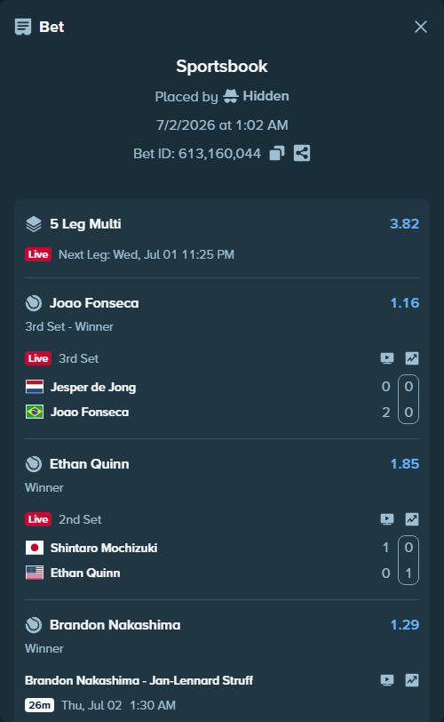Bet slip: Jesper de Jong - Joao Fonseca, $20,942.95 stake at 1.16 odds, placed by Hidden