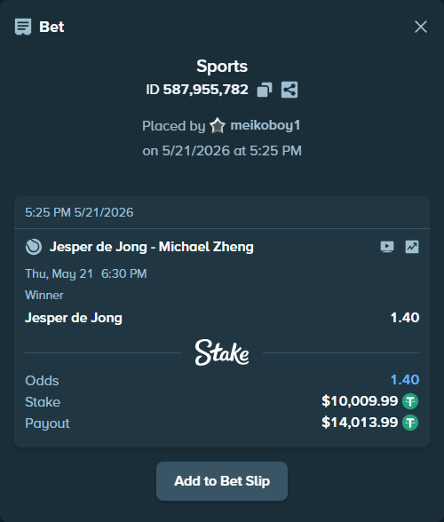Bet slip: Jesper de Jong - Michael Zheng, $10,020.00 stake at 1.40 odds, placed by meikoboy1