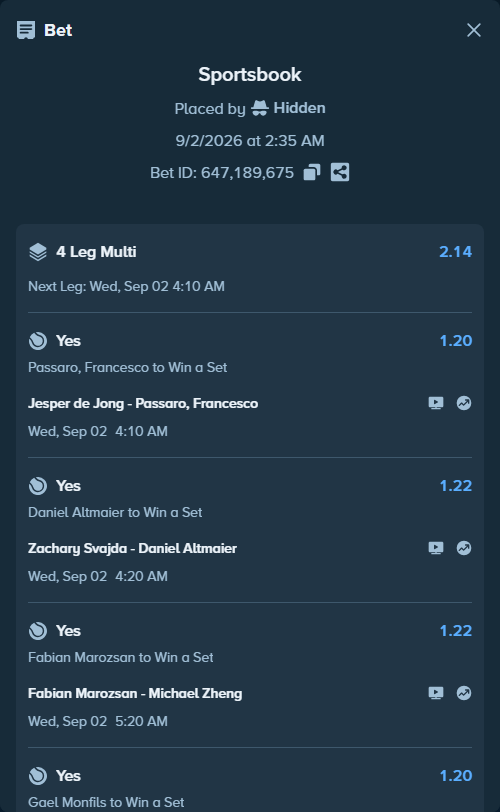 Bet slip: Jesper de Jong - Passaro, Francesco, $10,000.00 stake at 1.20 odds, placed by Hidden